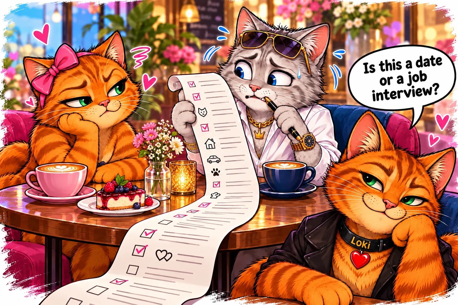 Loki asks whether a date has turned into a job interview as a cat reads a long checklist