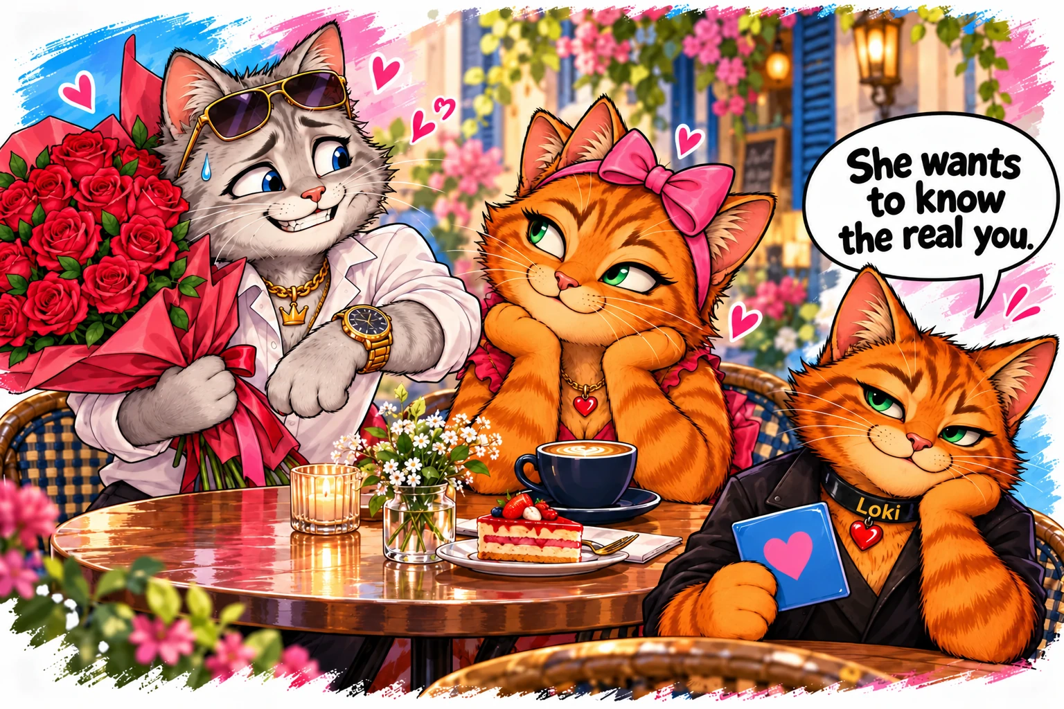 A cat offers roses while Loki reminds him that she wants to know the real him
