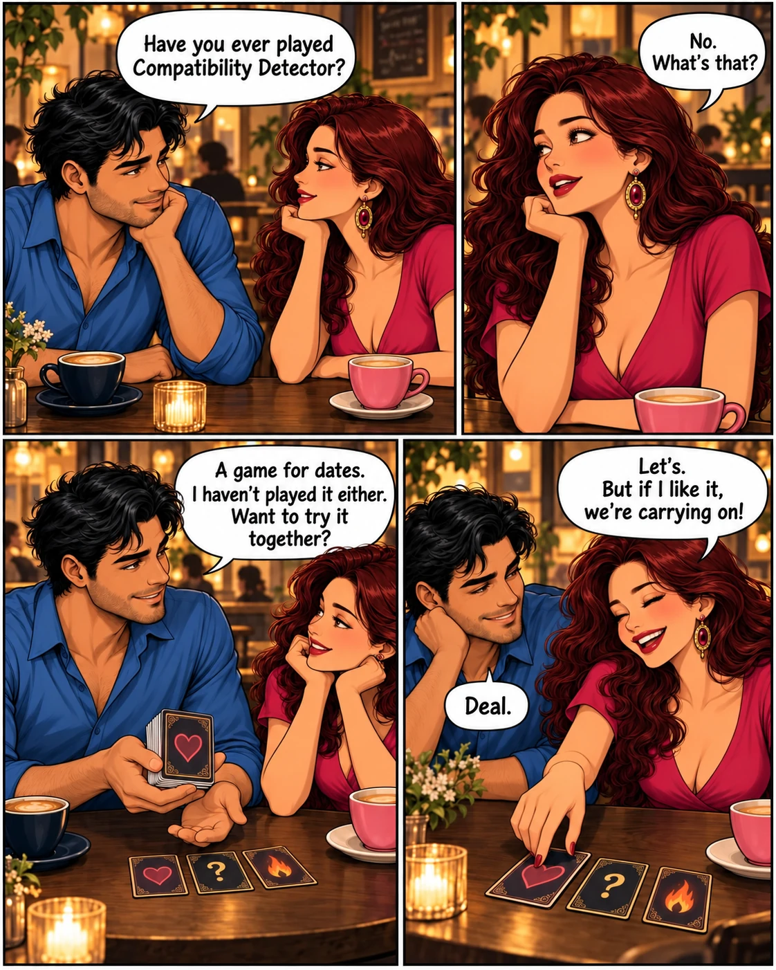 Comic: in a café, a man asks a woman whether she's played Compatibility Detector, and they decide to try it together