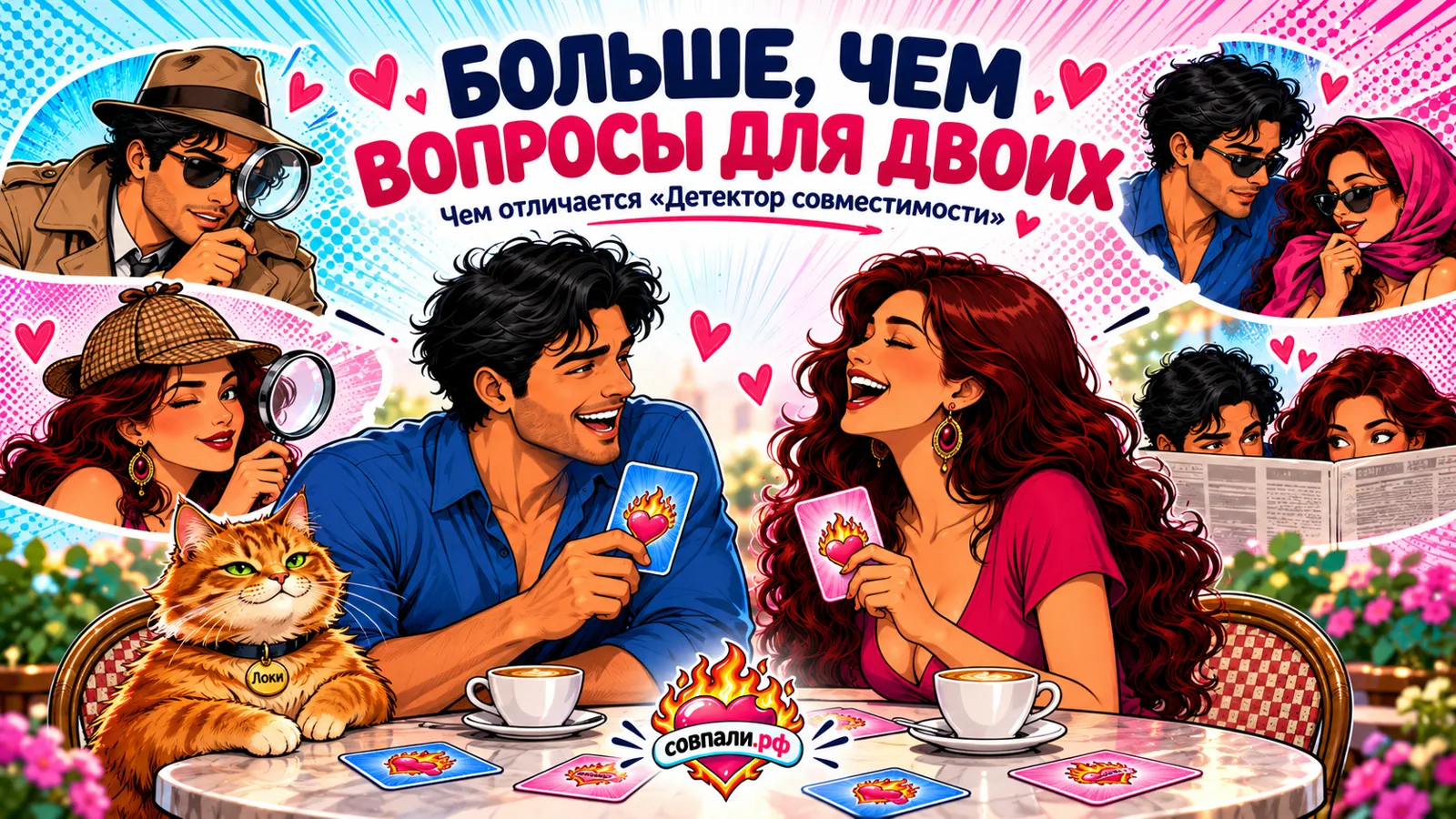 Пара играет в «Детектор совместимости»: смеётся, флиртует и примеряет роли. Рядом кот Локи и голубые и розовые карточки игры.