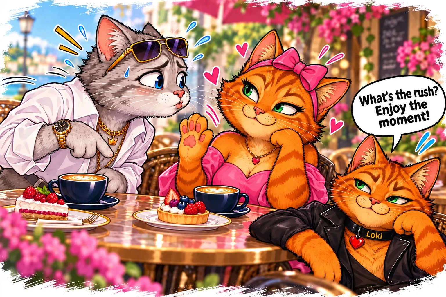 Freya raises her paw to slow things down while Loki says to enjoy the moment